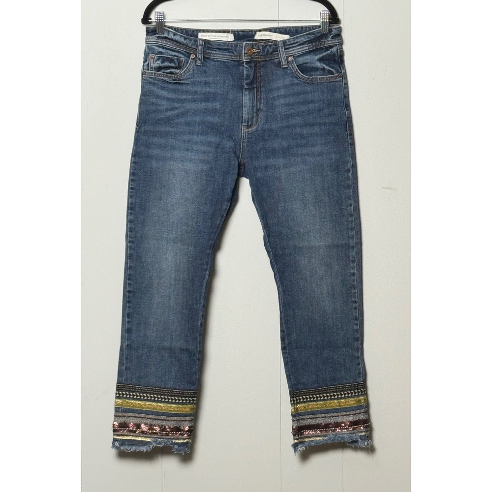 Pilcro and Letterpress Anthropologie Slim Straight Embellished Hem Jeans Size 30